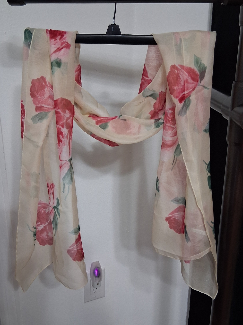 Cream Sheer Scarf with Pink Rose Print